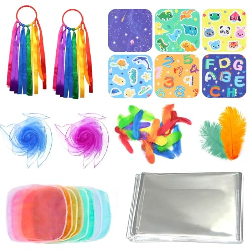 28pcs Kids Sensory Set with Ribbon Toy for 3+, for Kids Gift Set, Party | Includes Rattles & Plush Rings, Sensory Scarf, Foil Blanket Sensory, Multi-Coloured Feathers and Crinkle Toys