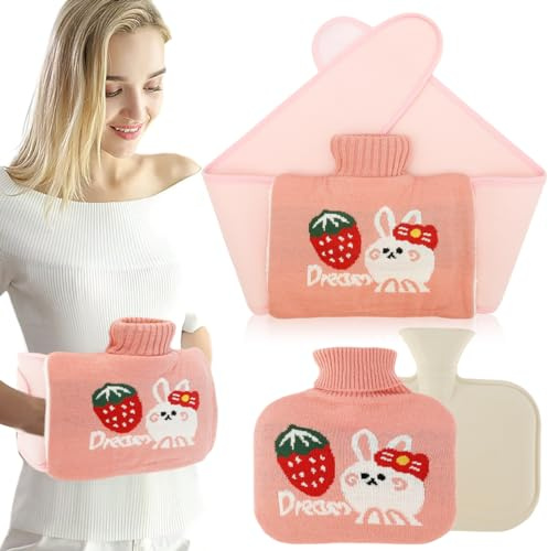 Hot Water Bag 800mL Rubber Hot Water Bottle with Waist Cover Wearable Hot Water Bottle Belt Cute Cartoon Wrap Around Hot Water Bottle Portable Warm Water Bag for Waist Back Neck and Shoulder(Pink)