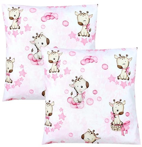 TupTam Kinder Kissenbezug Dekorativ Gemustert mit Hotelverschluss 2er Set, Farbe: Giraffe/Punkte/Rosa, Größe: 80 x 80 cm