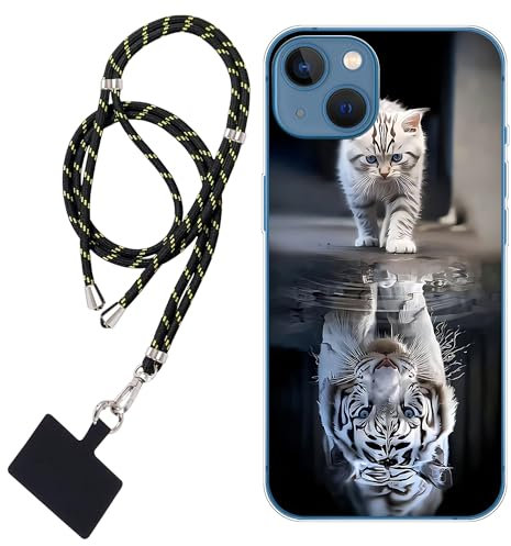 WUACYEAMING Hülle für iPhone 13,Mode Chic Muster Ultra Dünn TPU Silikon Schutzhülle Slim Case Cover Katze und Tiger Weißer Tiger+1*Tragbares Universal-Lanyard