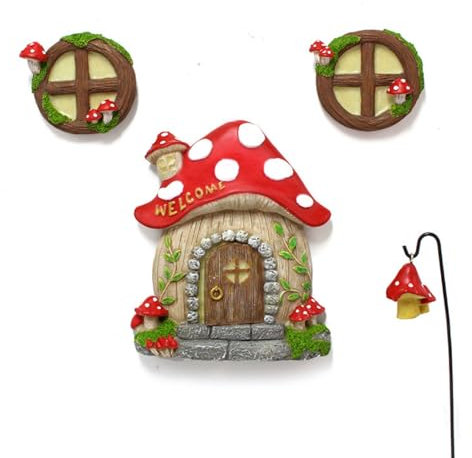 VEHICAR Miniature Fairy Mushrooms House Door and Windows Kit with Glow in The Dark Lantern, Garden Art Sculpture Statue, Micro Landscape Accessories for Tree Stump Decor