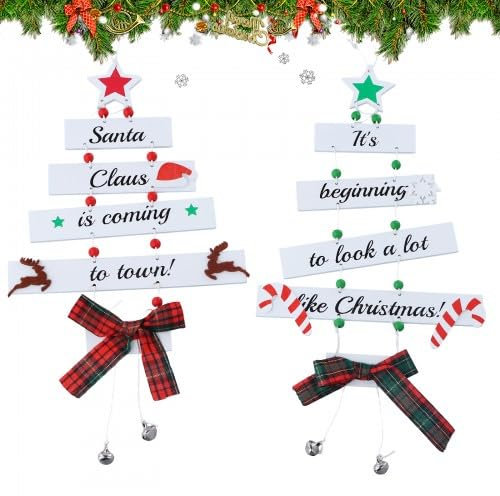 Volumoon Décorations de Noël en Bois, Ornement Noël, Décoration de Noël, Ornements Sapin de Noël, Christmas Panneau à Suspender, Décorations à Suspendre sur Une Porte Intérieure et Extérieure