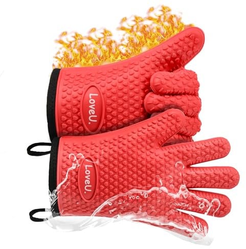 Loveuing Paire de gants de cuisine résistants à la chaleur, en silicone et coton, double couche, antidérapants, imperméables, flexibles, parfaits pour la cuisson, le barbecue, la pizza