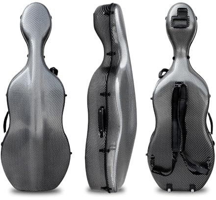 Yinfente Custodia per violoncello 4/4 in fibra di carbonio, manico integrato, ruota, cinturino posteriore, portatile, custodia rigida leggera e impermeabile, bel regalo per le vacanze (strisce nere)