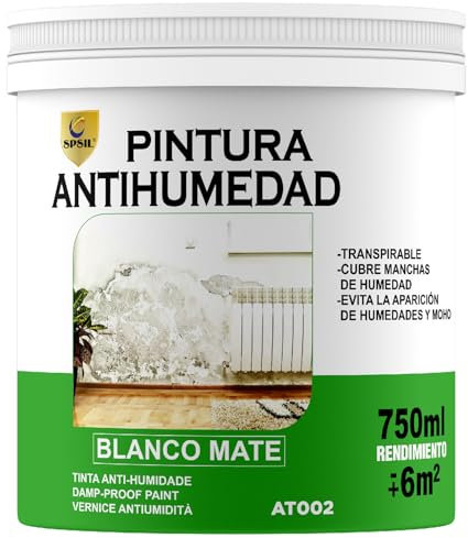 SPSIL Pintura Antihumedad Blanco Mate - Elimina y Previene Humedades y Moho - Para Paredes, Techos, Baños, Cocinas - Transpirable, Secado Rápido (750 ml)
