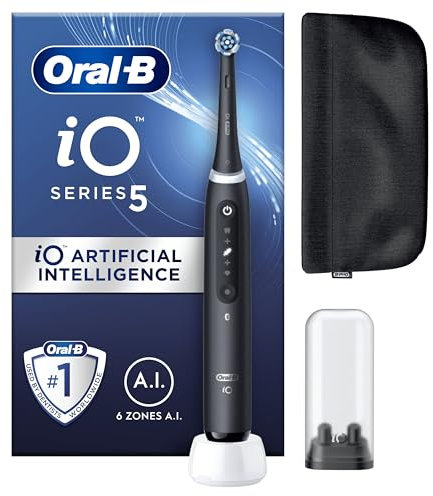 Oral-B iO 5 Cepillo De Dientes Eléctrico Negro Con 1 Cabezal, 1 Funda Magnética y 1 Soporte de Recambios, 5 Modos De Cepillado, Sensor De Presión y Temporizador, Diseñado Por Braun