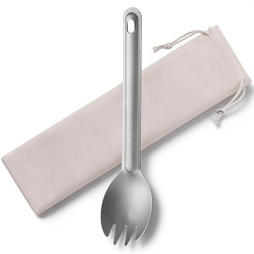 Titanium Spork,6.3inch Long Handle Net Weight 11g Lightweight 100% Titanium Spork and Spoon Camping Cutlery with Storage Bag for Outdoor Camping Backpacking Hiking Travel Picnic Office Worker(Silver)