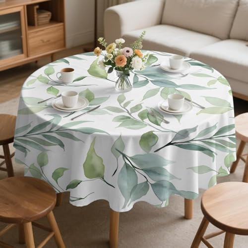 Blatt Abwaschbar Tischdecke Rund 140, Botanisch Tischtuch aus Polyester Wasserabweisend mit Lotuseffekt, Grünpflanzen Deko Tischwäsche, K-452