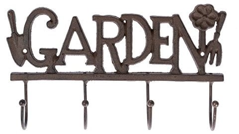 HOMESCAPES Cast Iron Wall Hanger Hook Rack with Decorative ‘Garden’ Sign and Flowers Suitable for Indoor and Outdoor Use