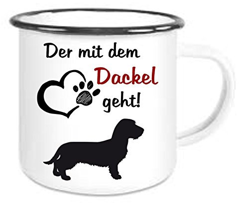 Crealuxe Emaille Tasse Der mit dem Dackel geht - Kaffeetasse mit Motiv, Campingtasse, bedruckte Emailletasse mit Wunschtext