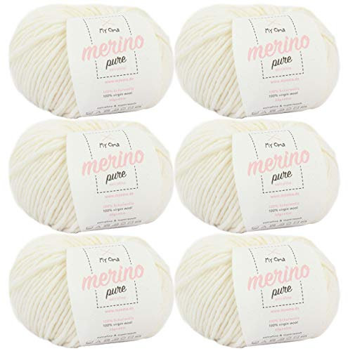 Merino Wolle -6x Merino pure natur (Fb 4800)- 6 Knäuel Merino Wolle natur + GRATIS Label - Merinowolle extrafein - 50g/65m - Nadelstärke 6-7mm - Merinowolle Rundschal - Merinowolle chunky