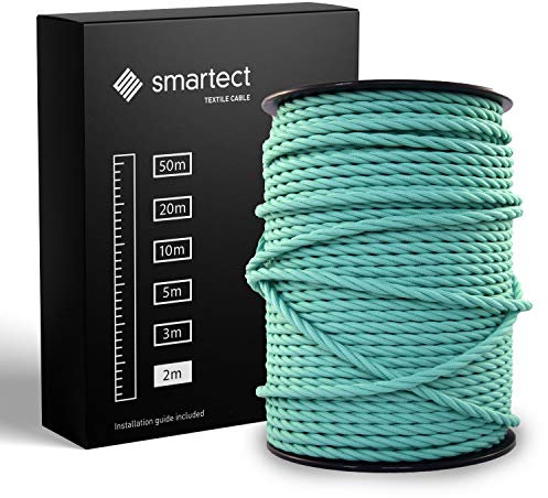 smartect Cavo Elettrico Tessile intrecciato Verde Menta, 2 Metri Filo Elettrico Vintage, Tripolare (3 x 0.75mm²) Cavo Elettrico Rivestito in Tessuto per Fai da Te