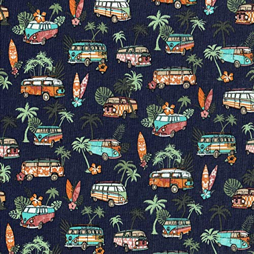 Textiles français Baumwollstoff | SURF Stoff - Orange, Türkis, Rosa, Grün & Weiß (Grundfarbe: Marineblau) | 100% Baumwolle | Stoffbreite: 160 cm (pro Laufmeter)*