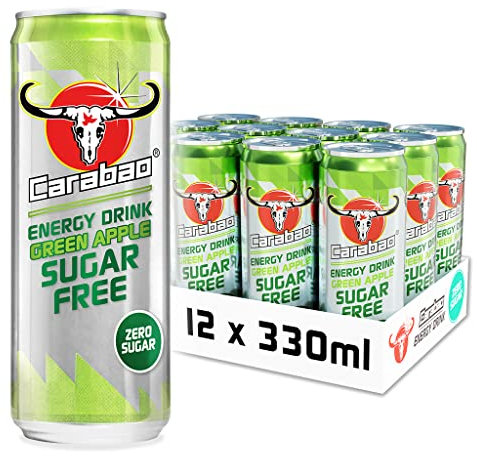 Carabao Energy Drink Sugar Free Green Apple, Can Case, Zero Sugar, Low Calorie, Light Fizzy Fruit Flavour, Vegan, Gluten Free Drink, B Vitamins, Taurine, Caffeine, Bulk Crates, 330 ml (Pack of 12)
