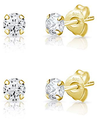 DTPsilver® Set da 2 Paia Orecchini Punto Luce Argento 925 Placcato Oro Giallo con Zirconi - Orecchini Diamante Uomo Donna - Orecchini Piccoli 4 mm - Orecchini Zirconi - Brillantini