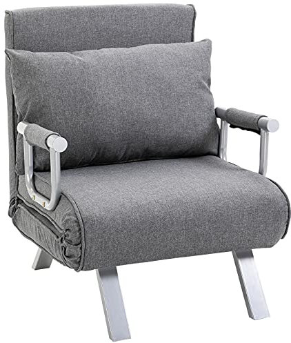 HOMCOM Fauteuil chauffeuse canapé-lit Convertible 1 Place déhoussable Grand Confort Coussin Pieds accoudoirs métal Lin Gris Clair