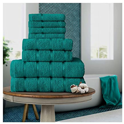 FAIRWAYUK 8-Piece Towels Bale Set for Bathroom, Ultra Soft Premium Quality Water Absorbent Towel Gift Sets, 100% Egyptian Cotton, 4x Face 2x Hand 2x Bath Towels, Teal