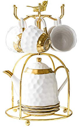 SLHP Mug Holders Stainless Steel Coffee Cup Shelf Mug Tree Holder Stand for 6 Cups Saucer Spoon Sets Tea Set Display Stand (Gold)