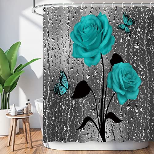 LIVILAN Rideaux de douche bleu sarcelle et gris, 183 x 213 cm (l x H) – Décoration de bain campagnard avec crochets – Rose automne goutte de pluie bleu foncé floral sur gris