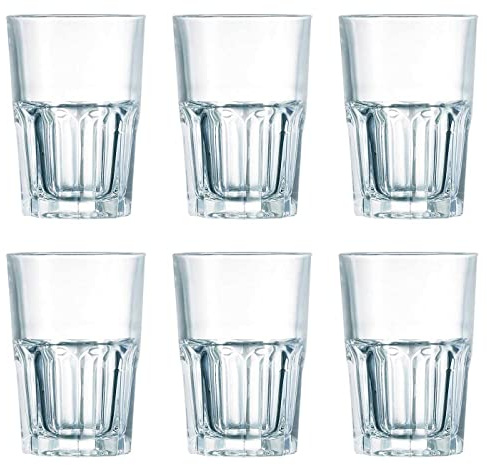 Acan Tradineur - Set de 6 vasos new america con capacidad de 40 cl, de 8,5 cm de diámetro y 12 cm de alto. Pack de 6 vasos especiales para refresco, con base gruesa facetada, hogar, hostelería