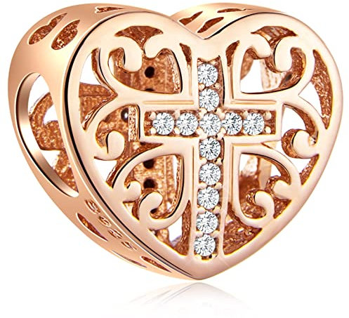 Rose Gold Faith Cross Heart Charms with Clear CZ, fits Pandora Christian Easter Bracelet, 925 Sterling Silver Religious Cross Prayer Beads, Gifts for Grandma/Mothers Day