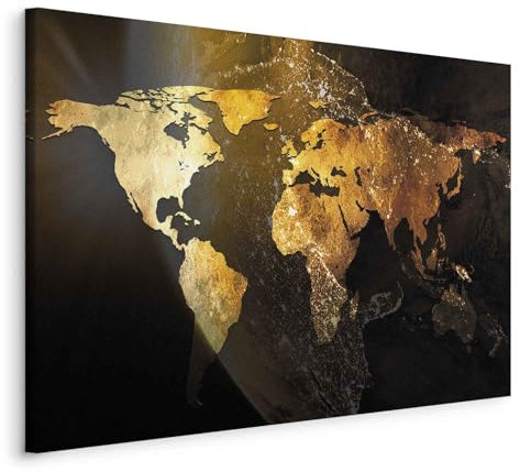 B&D XXL - Weltkarte Bilder für Wohnzimmer 120x80 cm Leinwandbild 1 tlg Kunstdruck Wandbilder Bild auf Leinwand Leinwandbilder XXL Schlafzimmer Wanddekoration Wand Abstrakte Landkarte Sonne schwarz