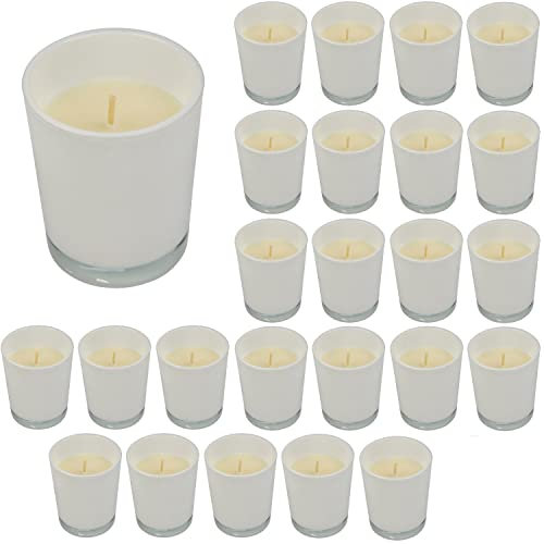 Preiswert&Gut 25 x Kerzen im Glas Abmessungen Ø5,5 x 6,6 cm – Wachs-Kerzen Deko Dekolicht für elegante Tischdekoration und stimmungsvolle Atmosphäre in deinem Zuhause (weiß)