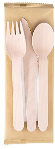 100 Tris posate monouso in legno con tovagliolo 16 cm