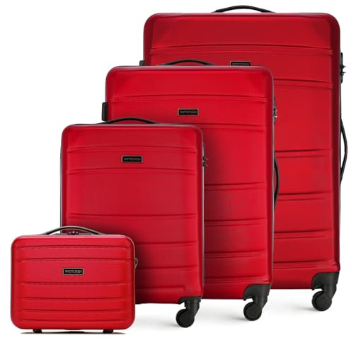 WITTCHEN Globe Line Reisekoffer 4-teiliges Kofferset Rollkoffer Trolley Handgepäck Hartschale aus ABS 4 Rollen Zahlenschloss Teleskopgriff Rot Lufthansa/Eurowings/Ryanair/Condor/Discover Airlines