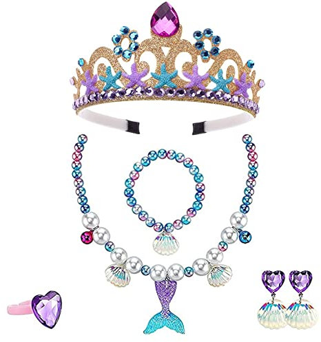TTBDDM 6 Stücke Prinzessin Verkleiden Geschenk, Meerjungfrau Prinzessin Schmuck, Meerjungfrau Kronen Set, mit Krone, Halskette, Ohrringen, Armband, Ring, Dekoration für Kleine Feiernde Mädchen (Gelb)