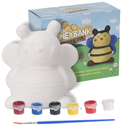 MIJOMA Salvadanaio fai da te in gesso ceramico per bambini e adulti, con colori e pennelli (api)