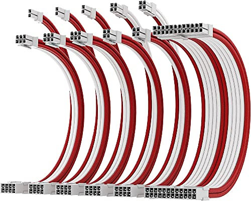 AsiaHorse Aktualisierung 16AWG Sleeved Cable Kit für PC/GPU/CPU, PSU Kabelverlängerung, PC Netzteil Extensions Kabel mit Kabelkämmen,24PIN/(6+2) PIN/(4+4) PIN Kabelmanagment, 30CM, Rot+Weiß