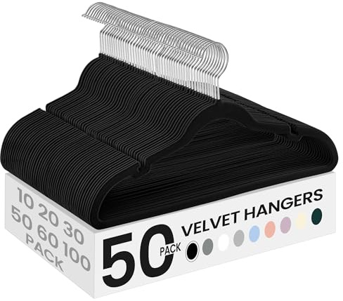 SONGMICS Velvet Hangers 50 Pack, Non-Slip Clothes Hangers, with Shoulder Notches, Pants Bar, 360° Swivel Hook, Space-Saving, for Closet, Ink Black UCRF029B05