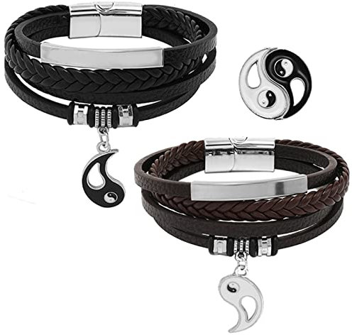 Cupimatch Pärchen Leder Armbänder Yin Yang Unendlichkeitssymbol Kordelkette Damen Herren Lieben Lederarmband Armreif Daoismus Tai Chi Anhänger für verliebte Partner Braun Schwarz