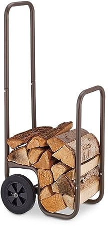 Relaxdays Kaminholzwagen, 2 Gummireifen, Holzwagen bis 60 kg, für gängige Holzscheite, Brennholz-Sackkarre, Stahl, braun