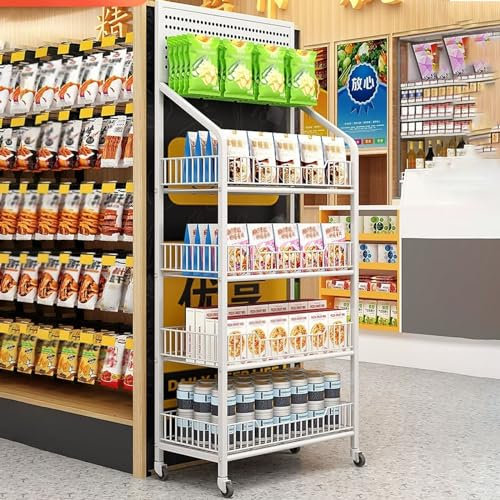 gemüseregal Supermarkt-Regale 55 Zoll Höhe Supermarkt Regale Display, Einzelhandel/Haus/Party/Pantry Snack Rack mit 4 Rädern und 15 Haken, Organisieren Lebensmittel Getränke Trockenwaren und Küchenzub