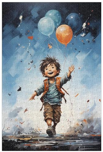 1000-teilige Holzpuzzles für Erwachsene, Der kleine Cartoon-Prinz, der in einem Heißluftballon schwebt, Aquarellmalerei-Puzzles (D ; 1000)