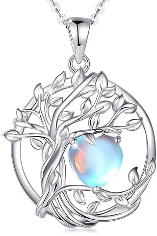 FANCIME Lebensbaum Mondstein Kette für Damen 925 Sterling Silber Baum des Lebens Mondstein Anhänger Halskette Schmuck Geschenke für Frauen Mädchen, Kettenlänge: 40+5 cm