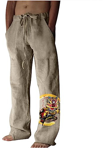 Amazon Daily Deals Hose Herren Winter Taschen Outdoorhose Baumwoll-Leinen-Hose für Herren, Tiger-Druck, lässig, lockere Passform, Baggy-Hippie-Stil, Retro, klassisch, leichte Yoga-Hose (Khaki, XXL)