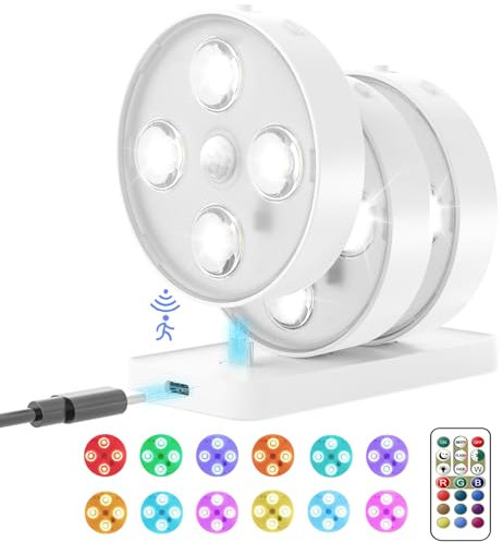 Kinamy Schrankbeleuchtung, Schranklicht mit Bewegungsmelder 3 Stück, Unterbauleuchte Küche Kabellos mit Fernbedienung 13 Farben Dimmbare, Led Spots USB Wiederaufladbar Vitrinenbeleuchtung