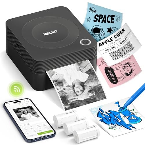 Nelko Aufkleber Drucker, PM230 Mini Drucker Bluetooth Portabel Sticker Maker mit 3 Rollen Papier, für DIY Erstellung, Studiennotizen, Bilder, Quittungen, Mehrere Vorlagen für Telefon (Schwarz)