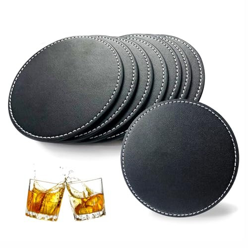 Untersetzer Gläser Leder 8er Set 10cm Große Lederuntersetzer Rund Glasuntersetzer Getränkeuntersetzer Schwarz rutschfest Tassenuntersetzer für Kaffee Bier Tee Becher Getränke