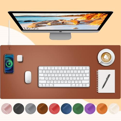 Desk Mat with Wireless Charging, Brown Mouse Pad with Wireless Charger, Desk Pad Matt for Desktop, Mousepad Gaming Large Mouse Pad, Leather Compute for Keyboard and Mouse, 32 x 16