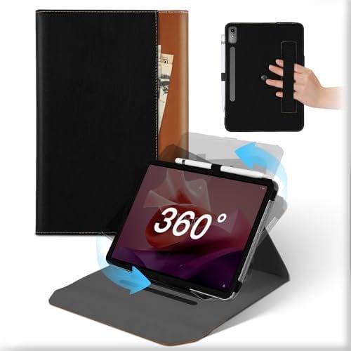 Coque pour Lenovo Tab P12 2023 12.7 Pouces Tablette, Housse Cuir Support Rotative 360°et Amovible avec Porte-Crayon & Poche, Flip TabletteEtui Veille/Réveil Automatique Tab P12 2023 Noir Brun