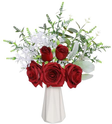 Tifuly Artificial Fake Flowers in Vase,Red Roses Artificial Flowers with Vase,Burgundy Silk Flowers Bouquet for Table Centrepiece Home Office Wedding Decoration