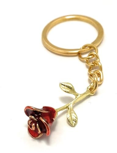 FizzyButton Gifts 3D Red Rose Stem Keyring Key Ring with Enamel Charm and Gold Tone Keychain