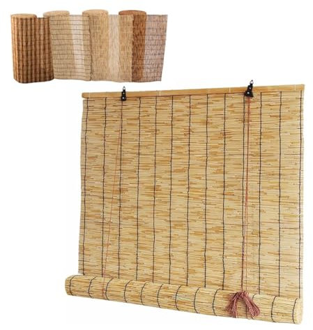 Retro Natural Schilf Vorhang, 50cm 60cm 70cm 80cm 90cm 100cm-160cm Bambusrollo Bambus Raffrollo, Sonnenschutz Sichtschutz Rollo Mit Lifter, Außenjalousien Für Terrasse Beschattung