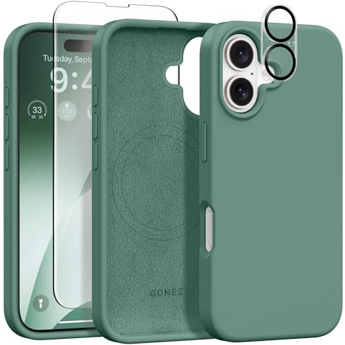 GONEZ für iPhone 16 Hülle Silikon 6,1 Zoll & Displayschutz, [MagSafe-kompatibel] dünne Handyhülle aus Flüssigsilikon, Kratzfeste und stoßfeste, Mikrofaserfutter Schutz Case, Mitternacht Grün