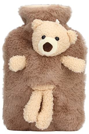 Wärmflasche Wärmflasche mit weichem Plüschdeckel 1LCCartoon Tragbare WärmflascheAbnehmbare und waschbare Wärmflasche Geeignet für Kinder und Erwachsene (Braun)