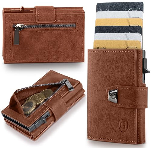 GENTO Geldbörse – kompaktes Portmonee aus Mikrofaser – RFID-Schutz – Premium-Qualität – 8 Kartenfächer – Münzfach mit Reißverschluss – 3 Farben – Schiebemechanismus für Karten – Geschenkbox (Braun)